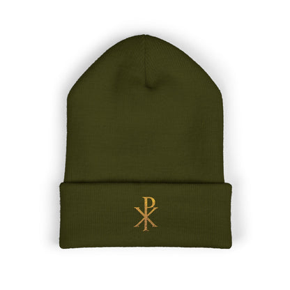 Radiant Faith Cuffed Beanie – Gold Chi Rho Embroidery