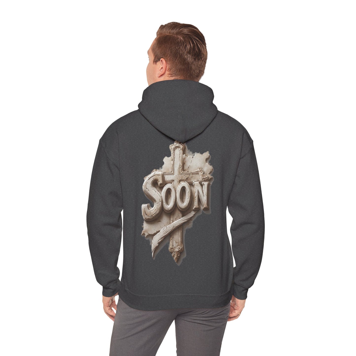 “Soon” Cross Men’s Hoodie – Back Print Faith Statement