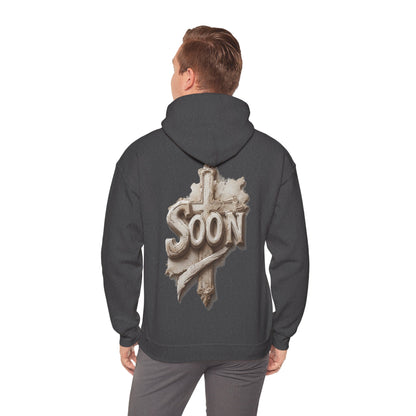 “Soon” Cross Men’s Hoodie – Back Print Faith Statement