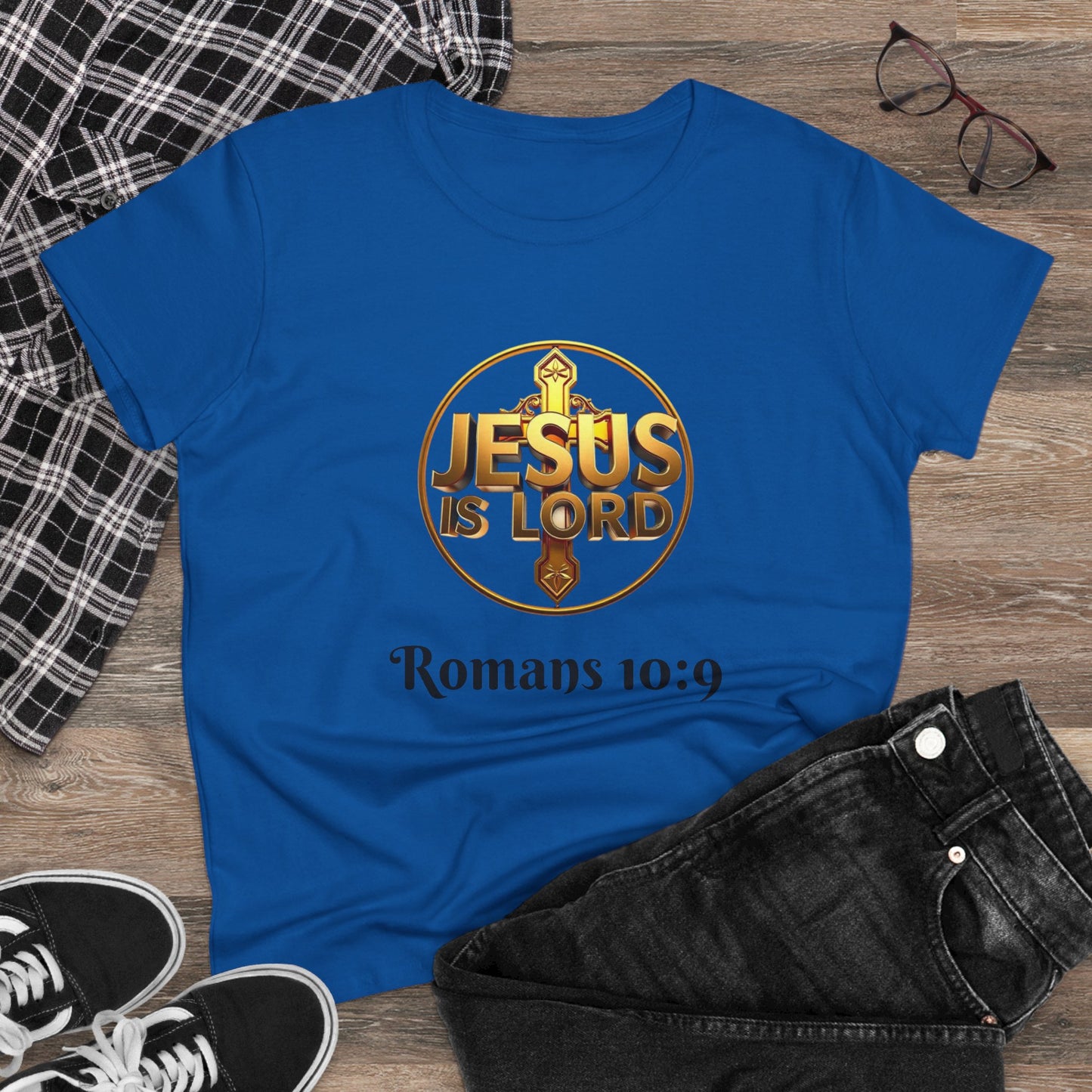 Women’s Romans 10:9 Christian T-Shirt – Jesus Is Lord & He Is Risen (Dark Lettering)