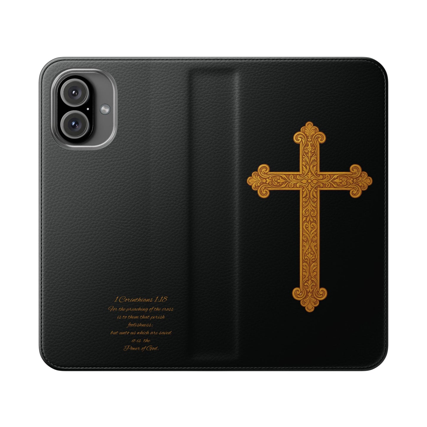 Black with Gold Cross & 1 Corinthians 1:18 - iPhone Flip/Wallet Phone Case