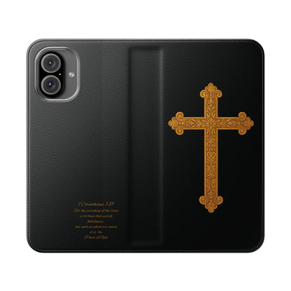 Black with Gold Cross & 1 Corinthians 1:18 - iPhone Flip/Wallet Phone Case