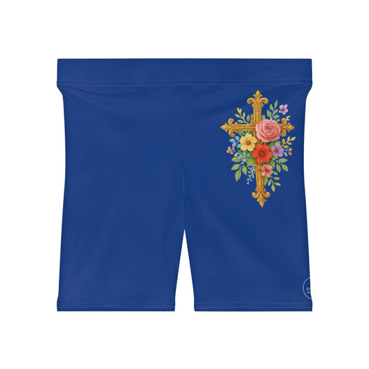 Floral Cross Women’s Biking Shorts in Blue – Beauty and Strength in the Cross