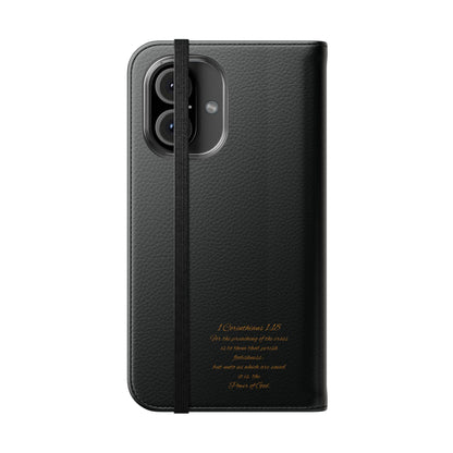 Black with Gold Cross & 1 Corinthians 1:18 - iPhone Flip/Wallet Phone Case