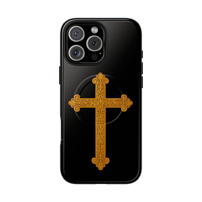 Gold Cross on Black Magnetic Tough Case for iPhone – Strength in Faith