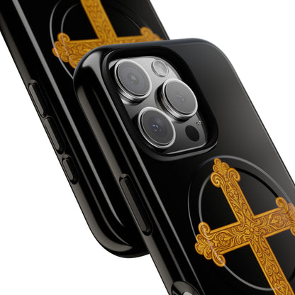 Gold Cross on Black Magnetic Tough Case for iPhone – Strength in Faith