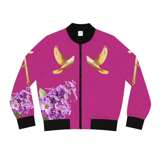 Heavenly Ascent – Gold Cross & Doves Women’s Bomber Jacket in Fuchsia
