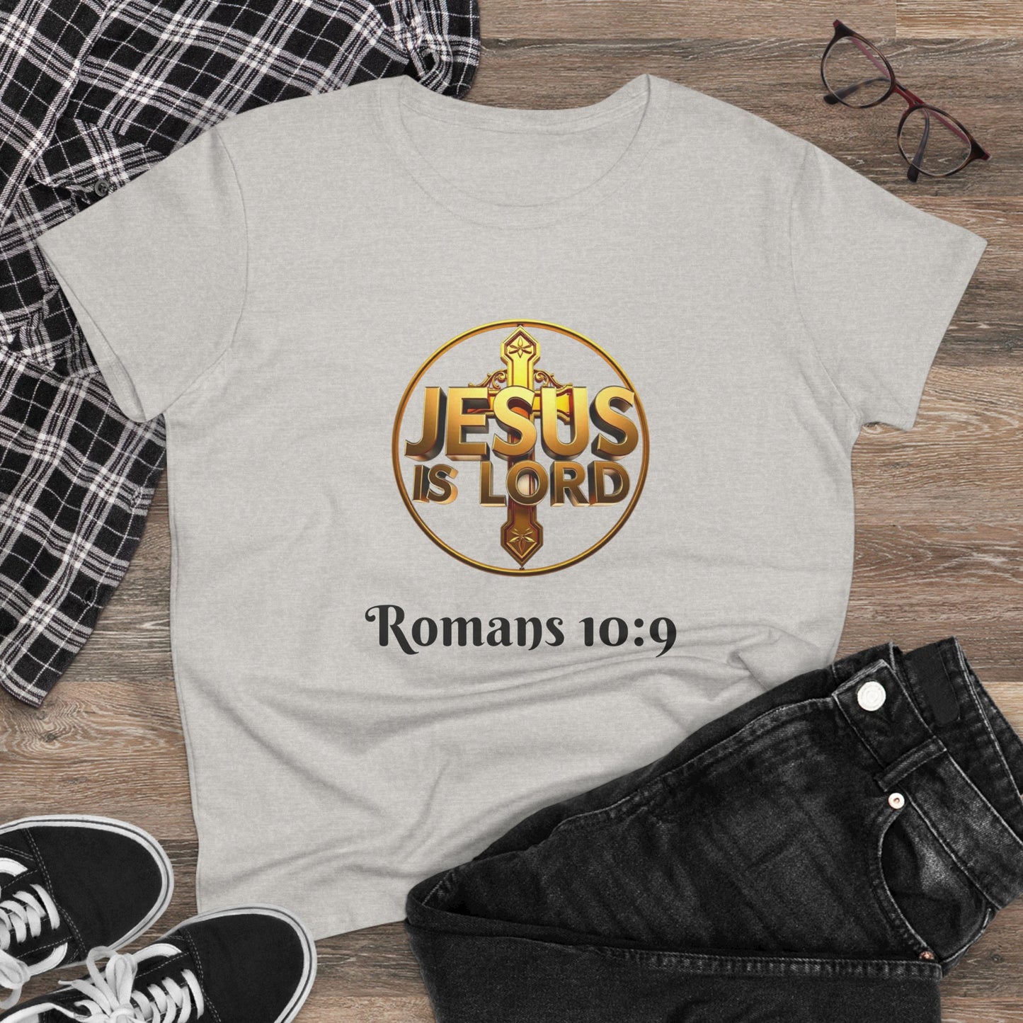 Women’s Romans 10:9 Christian T-Shirt – Jesus Is Lord & He Is Risen (Dark Lettering)