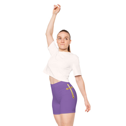 Gold Cross Women’s Biking Shorts in Purple – Symbol of Eternal Victory