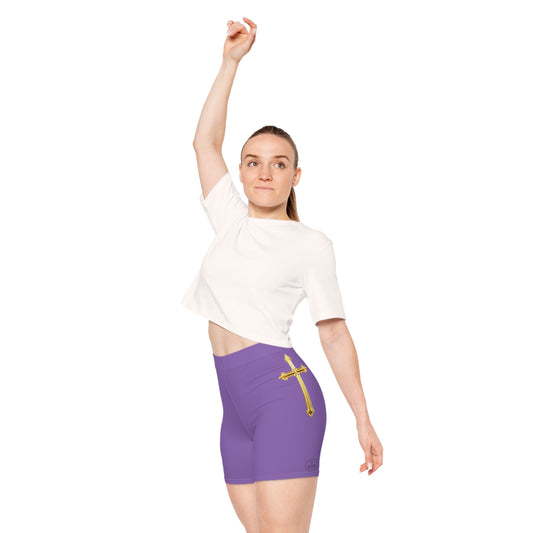 Gold Cross Women’s Biking Shorts in Purple – Symbol of Eternal Victory