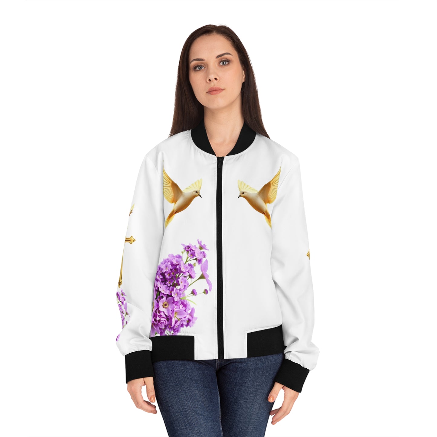 Heavenly Ascent – Gold Cross & Doves Women’s Bomber Jacket