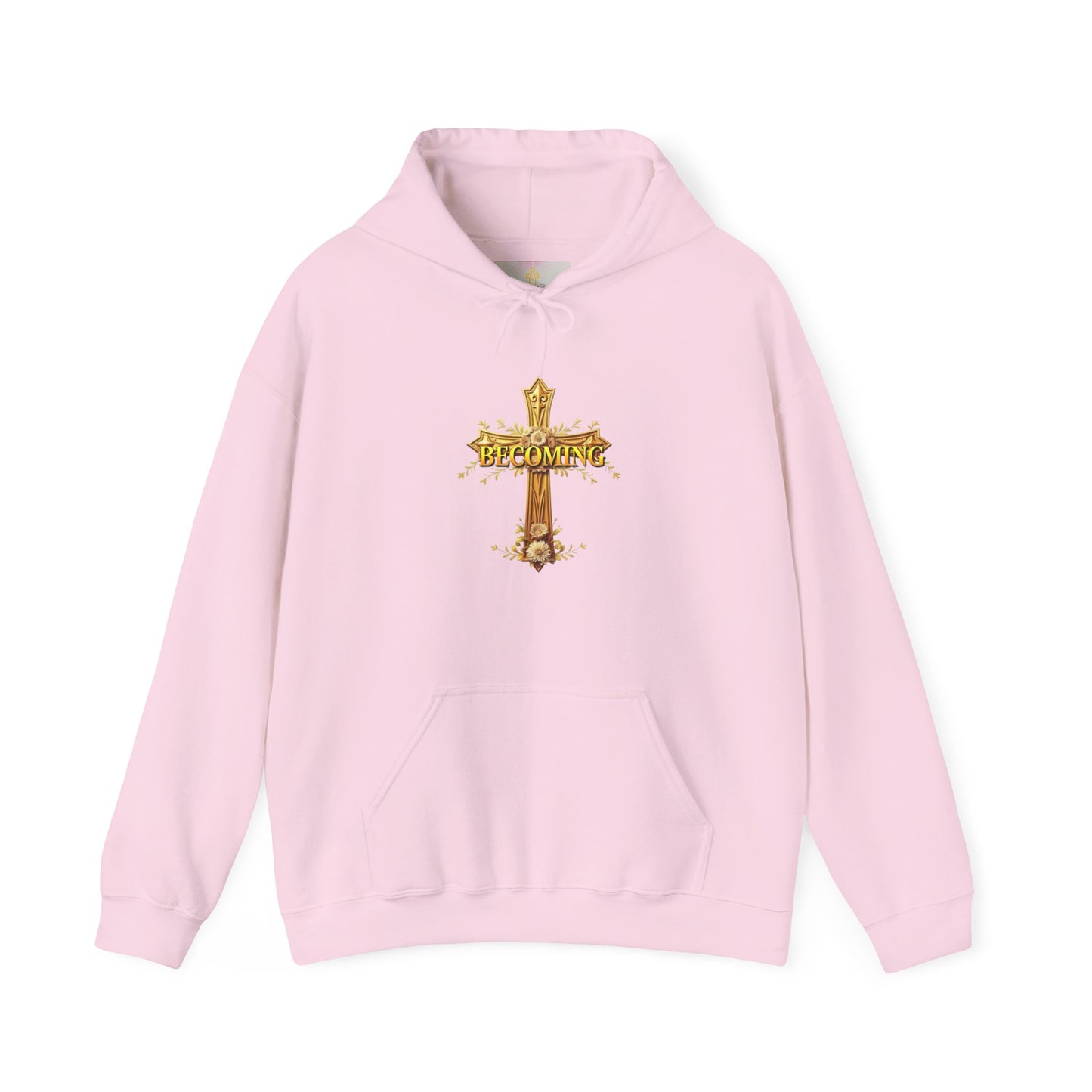 Becoming Women’s Faith Hoodie – Gold Cross Edition (1 Corinthians 15:49)