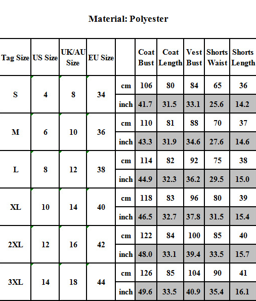Size chart for clothing measurements in centimeters and inches with material listed as Polyester.