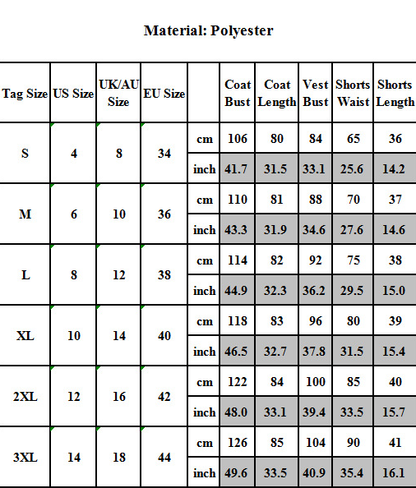 Size chart for clothing measurements in centimeters and inches with material listed as Polyester.