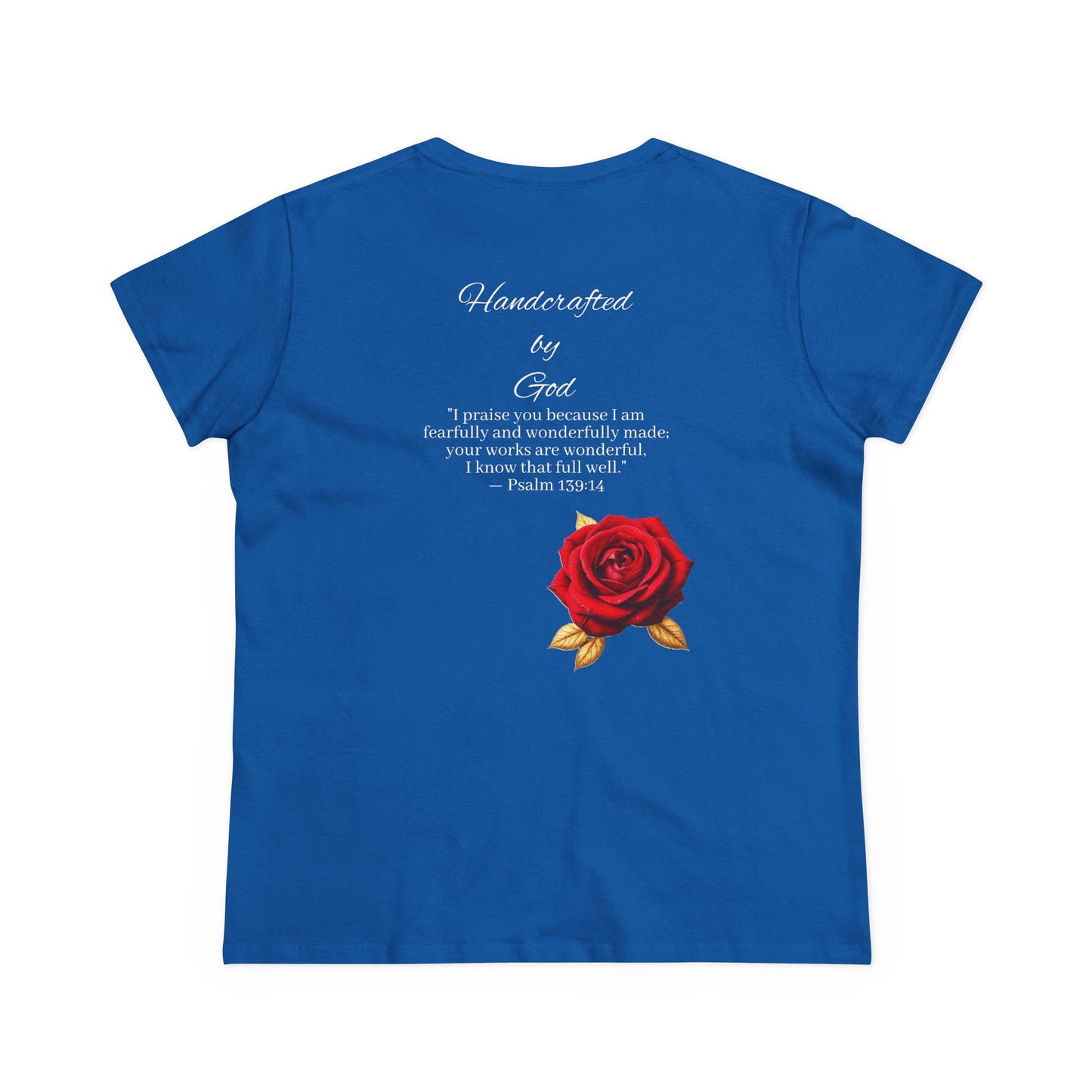 Handcrafted By God Women’s Christian Tee – Rose Design, White Lettering