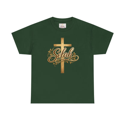 Selah Cross Tee — Women's Christian T‑Shirt with Gold Script