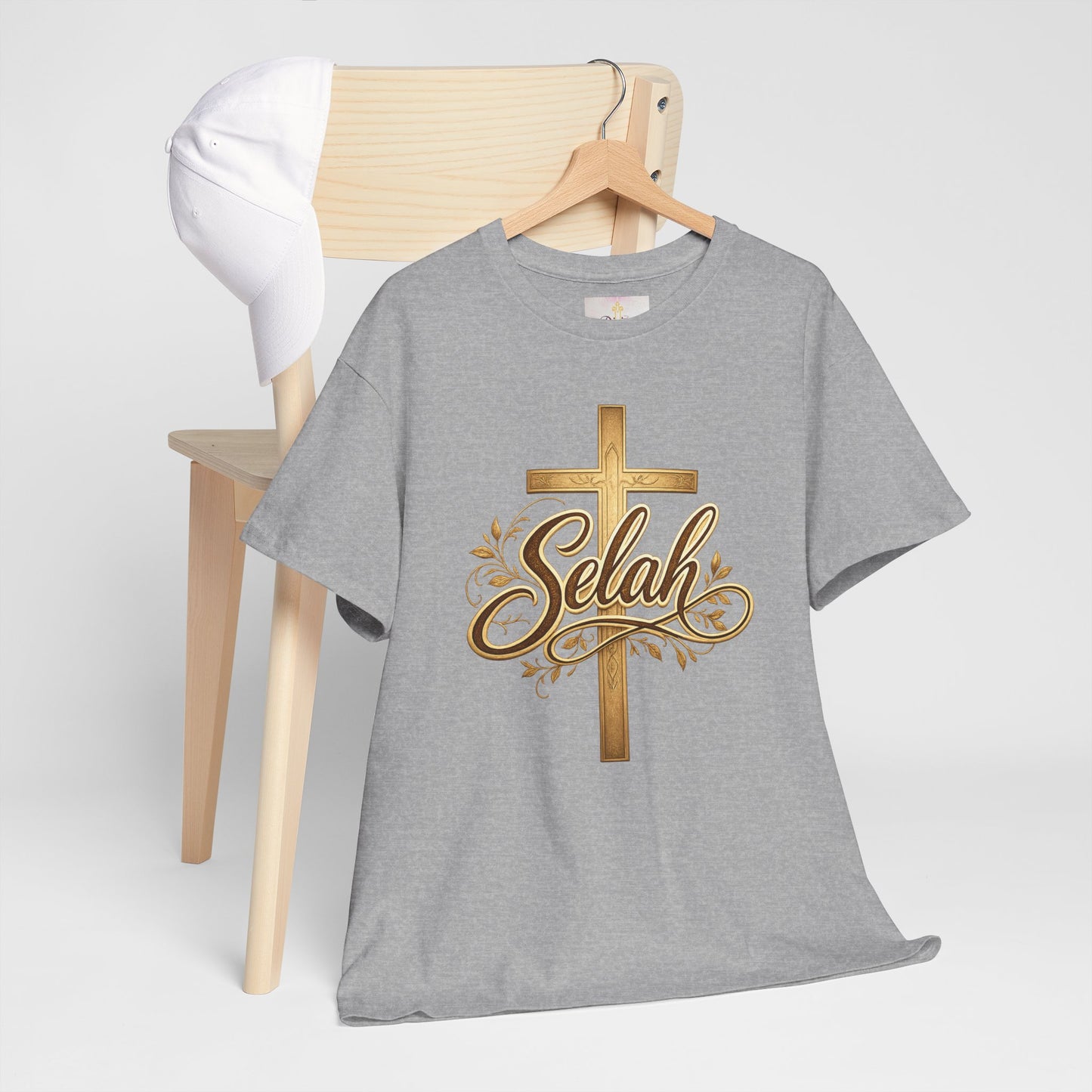 Selah Cross Tee — Women's Christian T‑Shirt with Gold Script