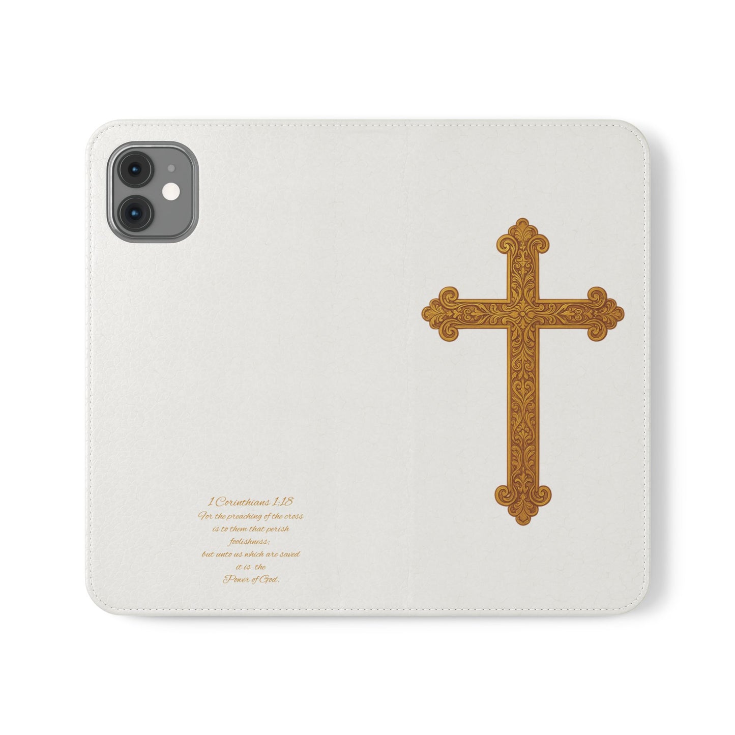 White Wallet Case – Gold Cross with 1 Corinthians 1:18 for iPhones