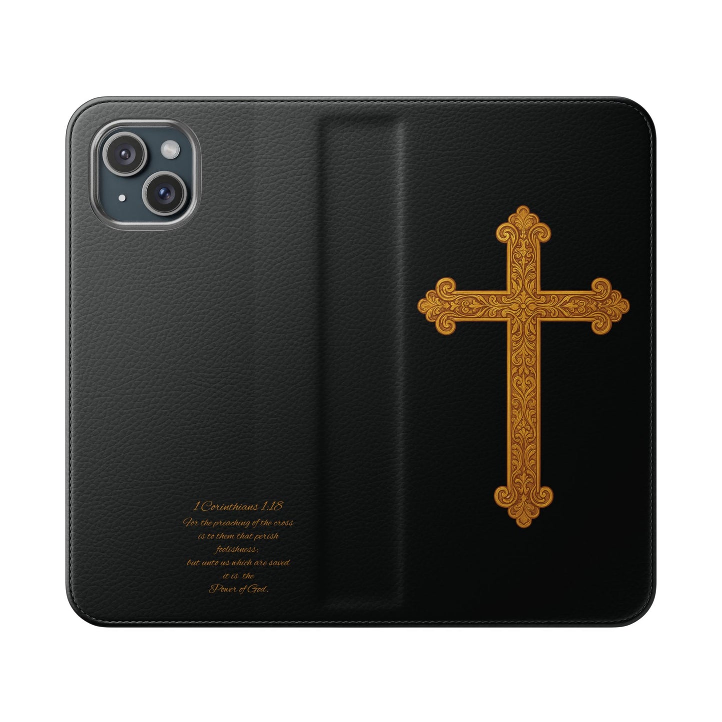 Black with Gold Cross & 1 Corinthians 1:18 - iPhone Flip/Wallet Phone Case