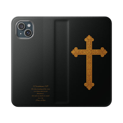 Black with Gold Cross & 1 Corinthians 1:18 - iPhone Flip/Wallet Phone Case