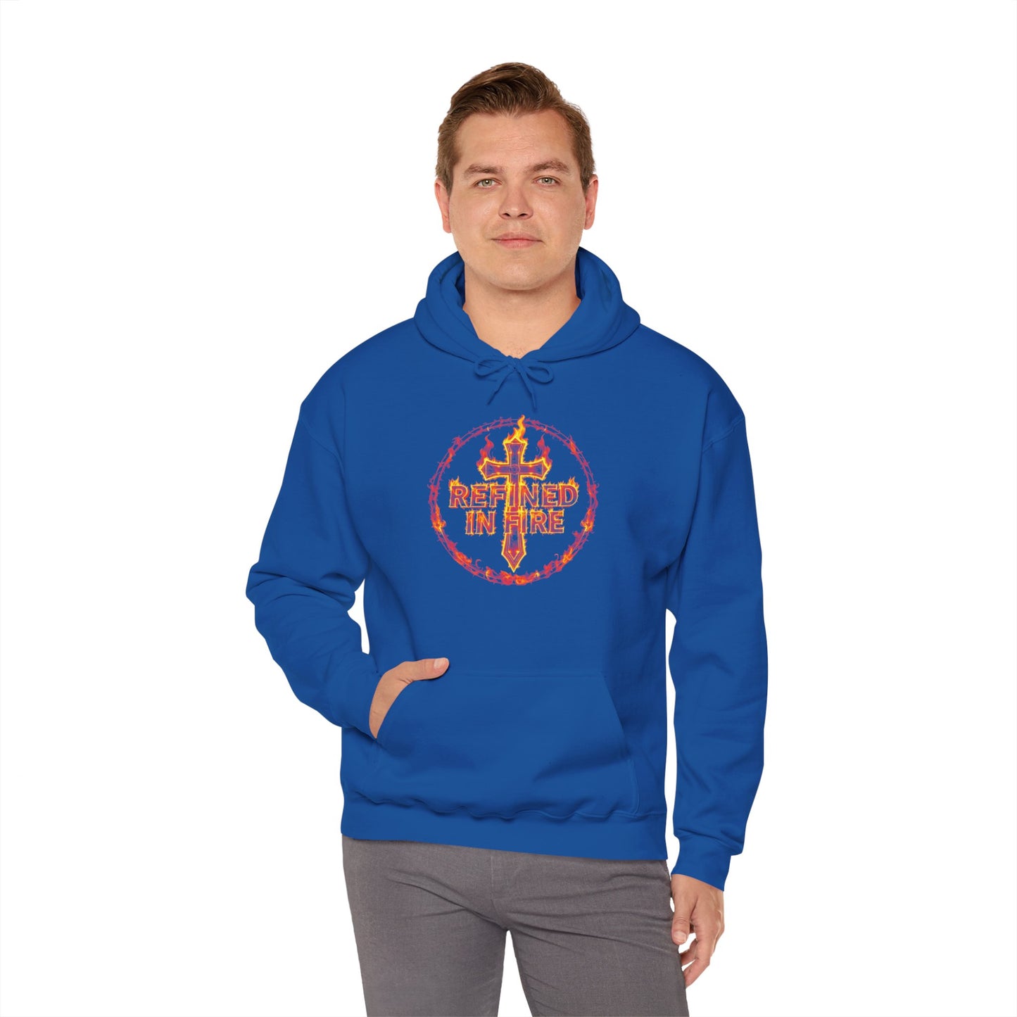 Men’s “Refined in Fire” Christian Hoodie – Flame Design Faith Pullover