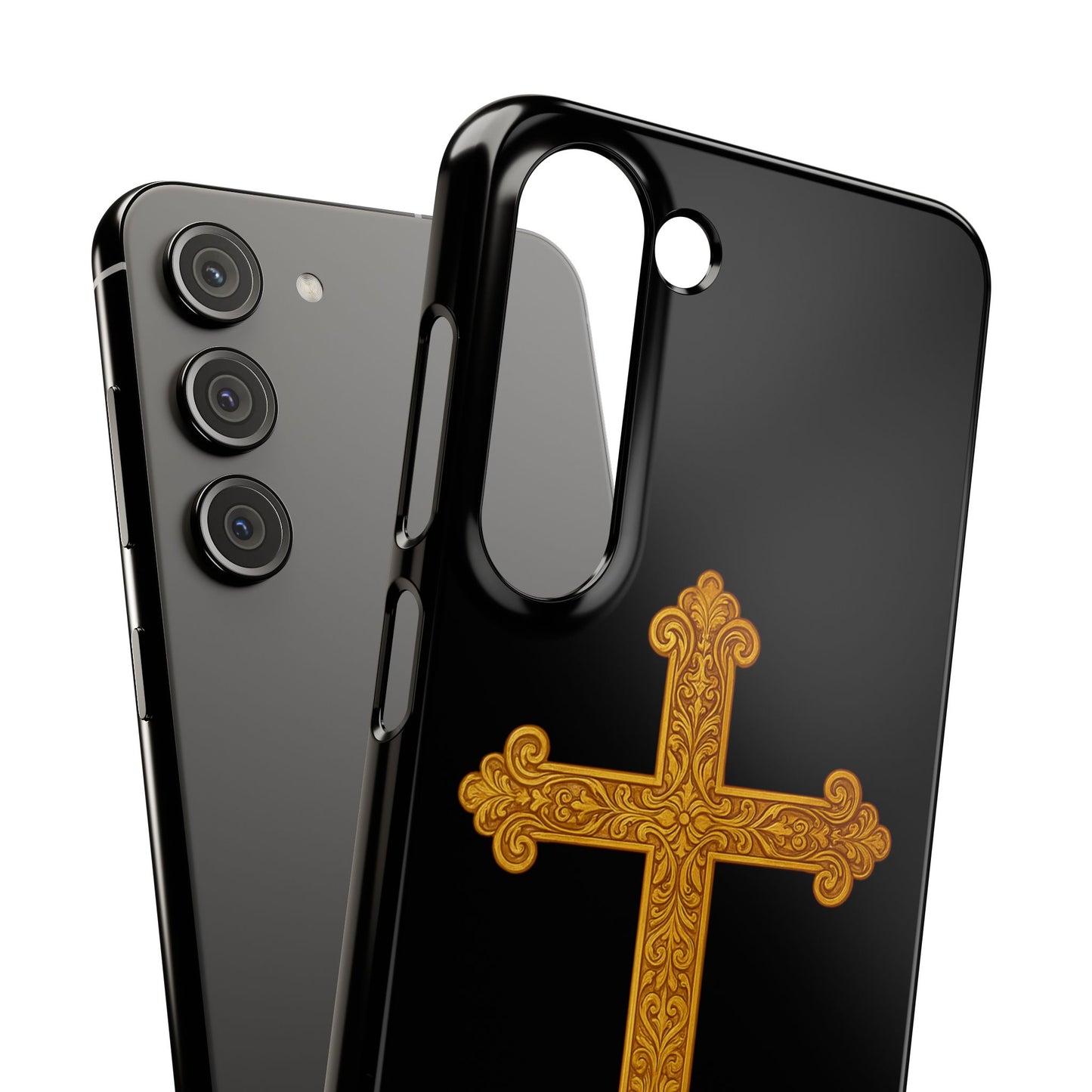 Black Samsung Snap Case – Gold Cross Design