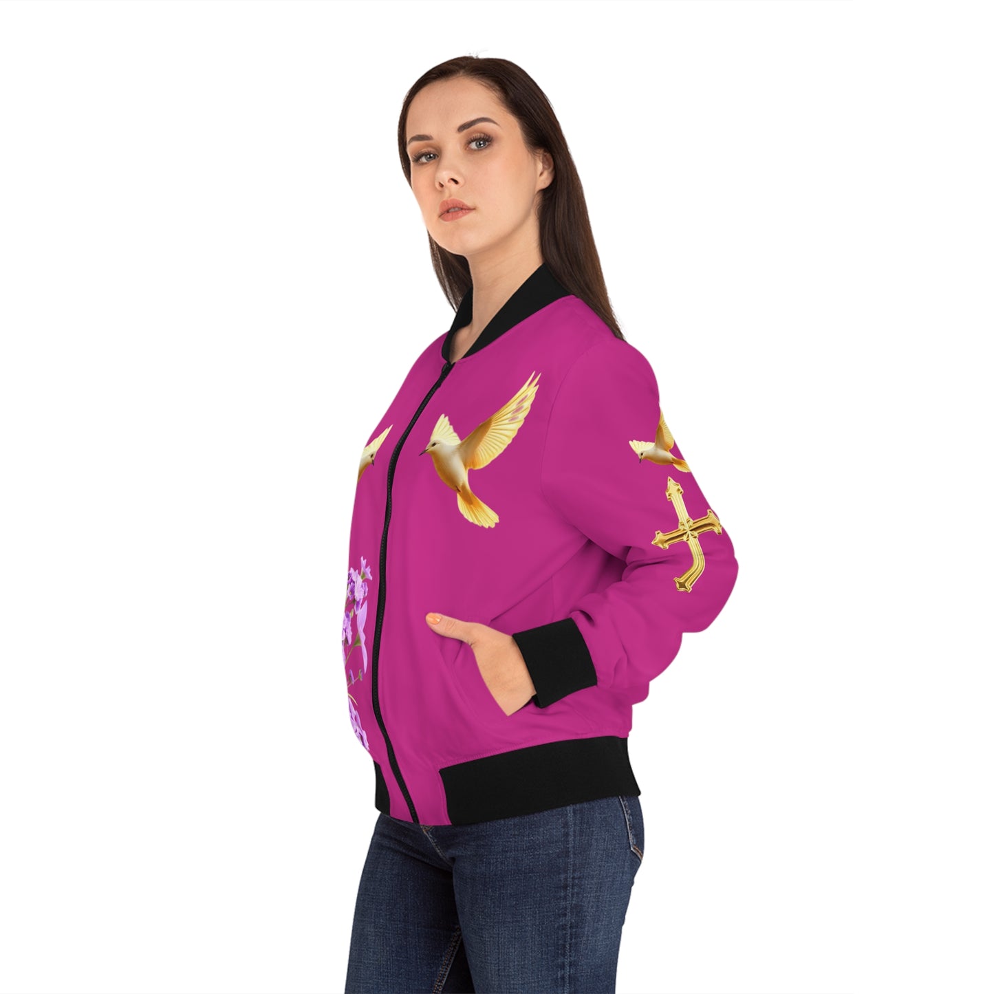 Heavenly Ascent – Gold Cross & Doves Women’s Bomber Jacket in Fuchsia