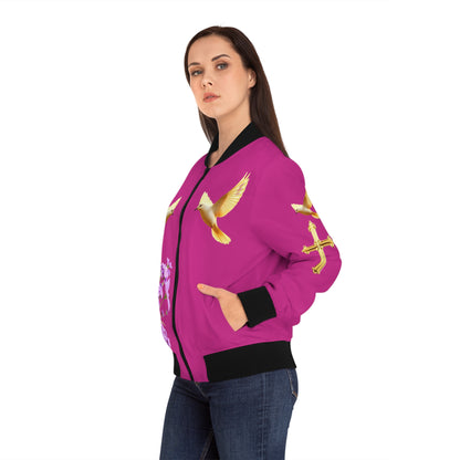 Heavenly Ascent – Gold Cross & Doves Women’s Bomber Jacket in Fuchsia