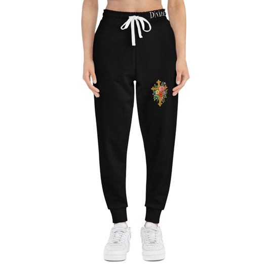 Blooming Faith Women's Jogging Pants in Black with Floral Cross Design