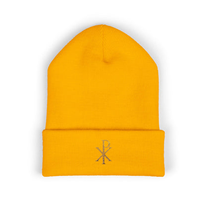 Radiant Faith Cuffed Beanie – Gold Chi Rho Embroidery