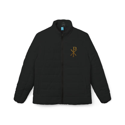 Heralded Faith Women’s Puffer Jacket in Black – Gold Chi Rho Crest