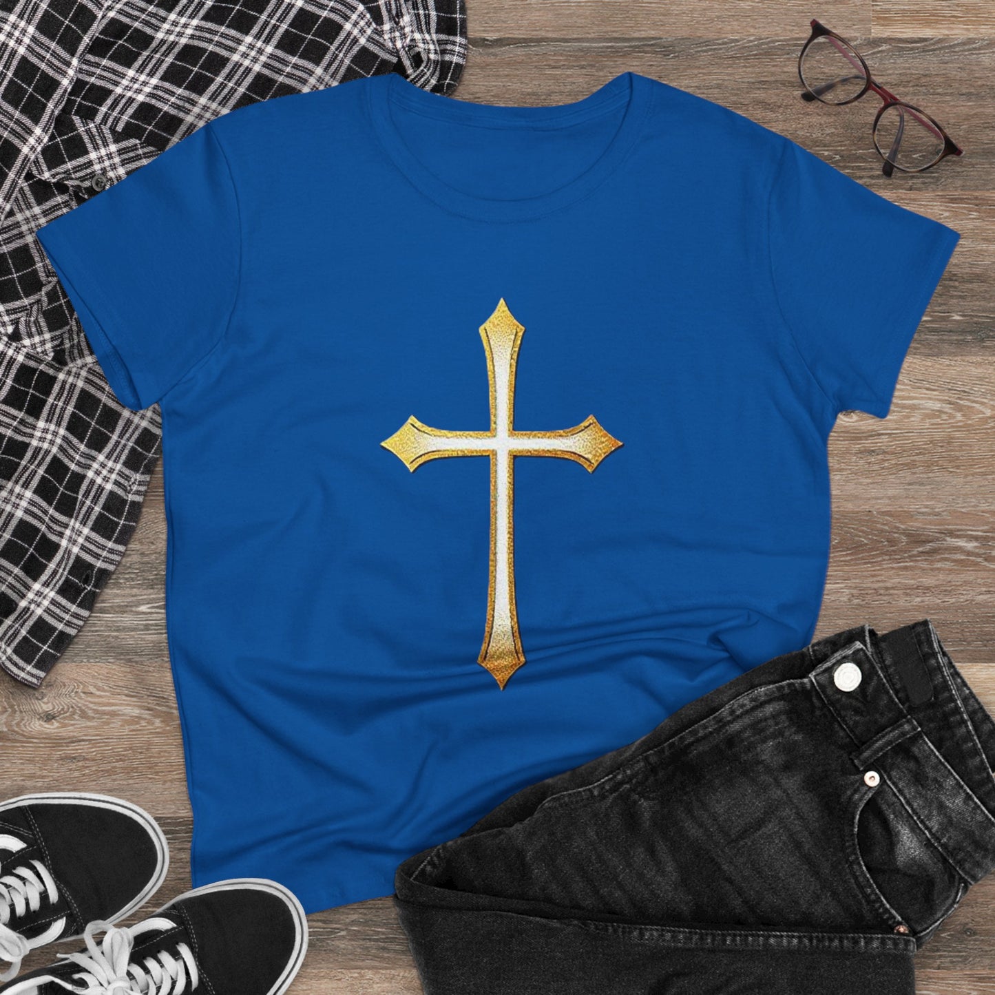 Women’s Gold Cross Tee – Christian Faith Shirt with Bold Cross Design