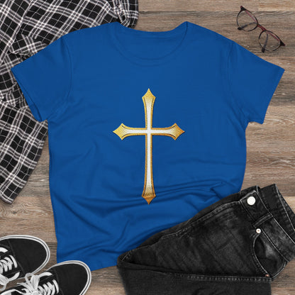 Women’s Gold Cross Tee – Christian Faith Shirt with Bold Cross Design