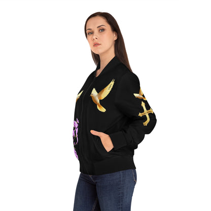 Heavenly Ascent – Gold Cross & Doves Women’s Bomber Jacket in Black