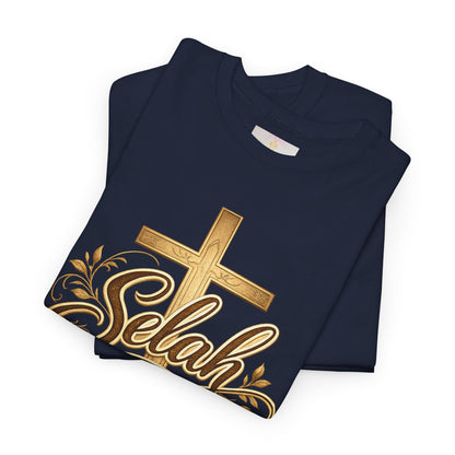 Selah Cross Tee — Women's Christian T‑Shirt with Gold Script