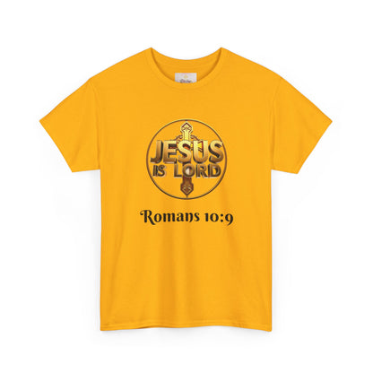 Men’s Romans 10:9 Christian T-Shirt – Jesus Is Lord & He Is Risen (Dark Lettering)