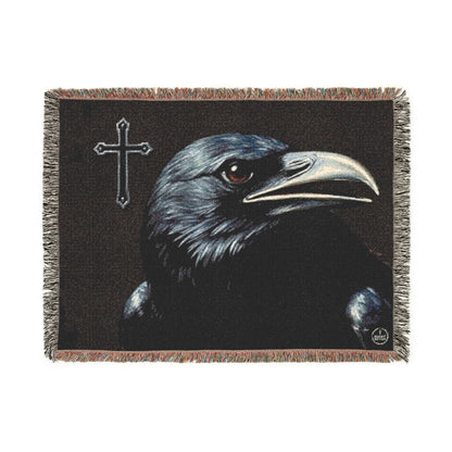 Divine Watcher Crow & Cross Woven Blanket – Bold Spiritual Decor