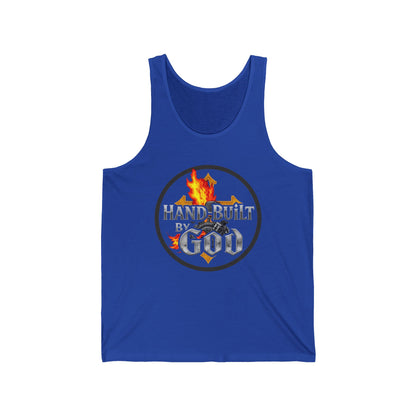 Men’s Christian Tank Top – Hand Built By God – Fire, Cross & Engine Design