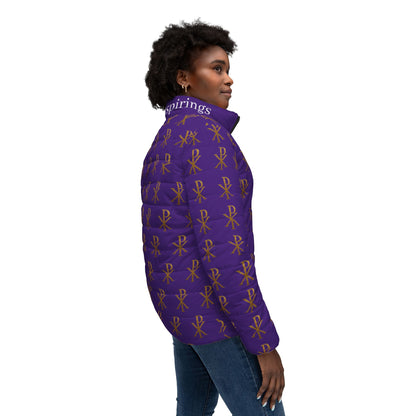 Radiant Victory Women’s Puffer Jacket in Purple – Gold Chi Rho Pattern