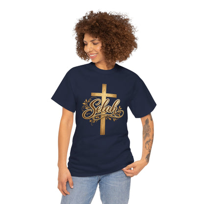 Selah Cross Tee — Women's Christian T‑Shirt with Gold Script