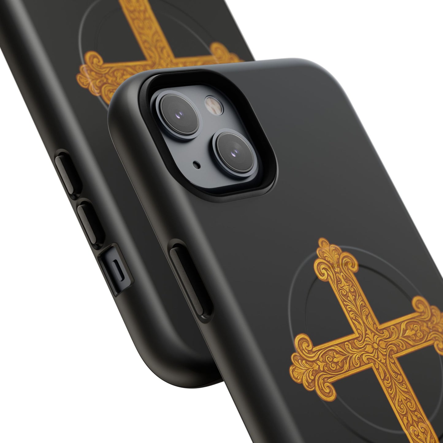 Gold Cross on Black Magnetic Tough Case for iPhone – Strength in Faith