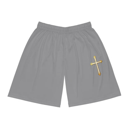 Men’s Modern Gold Cross Basketball Shorts in Grey – Sleek Faith-Inspired Design