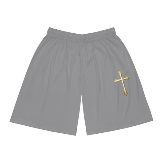 Men’s Modern Gold Cross Basketball Shorts in Grey – Sleek Faith-Inspired Design