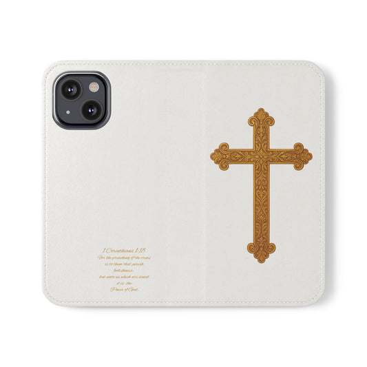 White Wallet Case – Gold Cross with 1 Corinthians 1:18 for iPhones