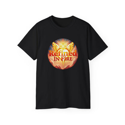 Men’s “Refined in Fire” Christian T-Shirt – Bold Flame Design Faith Tee