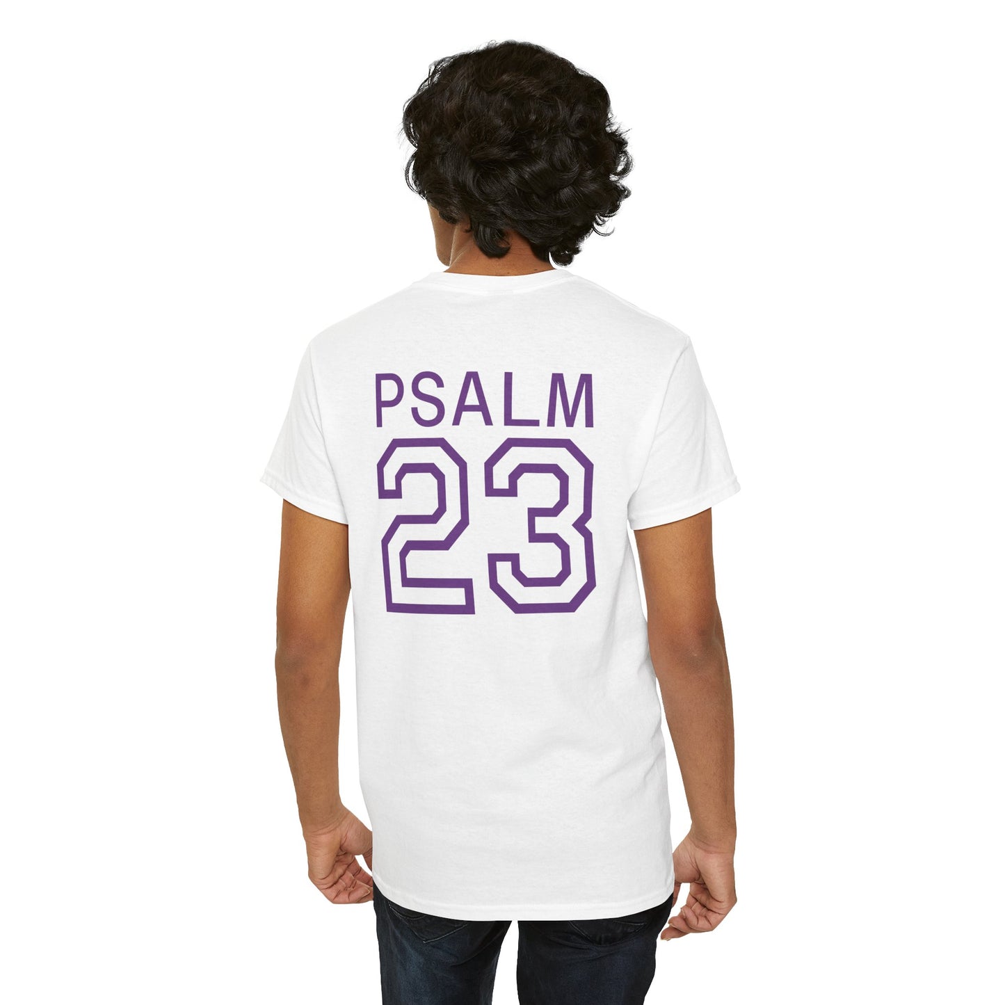 Psalm 23 Men’s T-Shirt – Inspired Sports-Style Shirt (Purple Lettering)