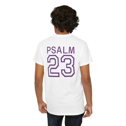 Psalm 23 Men’s T-Shirt – Inspired Sports-Style Shirt (Purple Lettering)