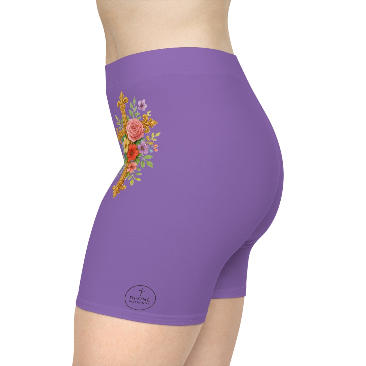 Floral Cross Women’s Biking Shorts in Purple – Beauty and Strength in the Cross
