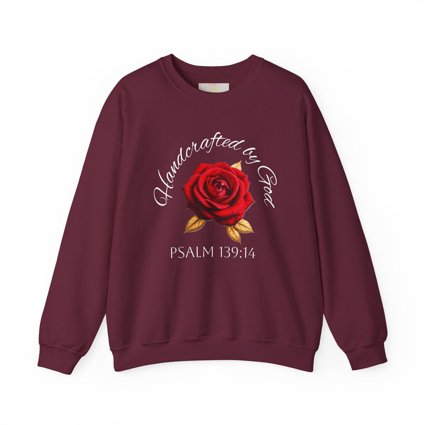 Handcrafted by God Rose Sweatshirt – White Lettering, Psalm 139:14
