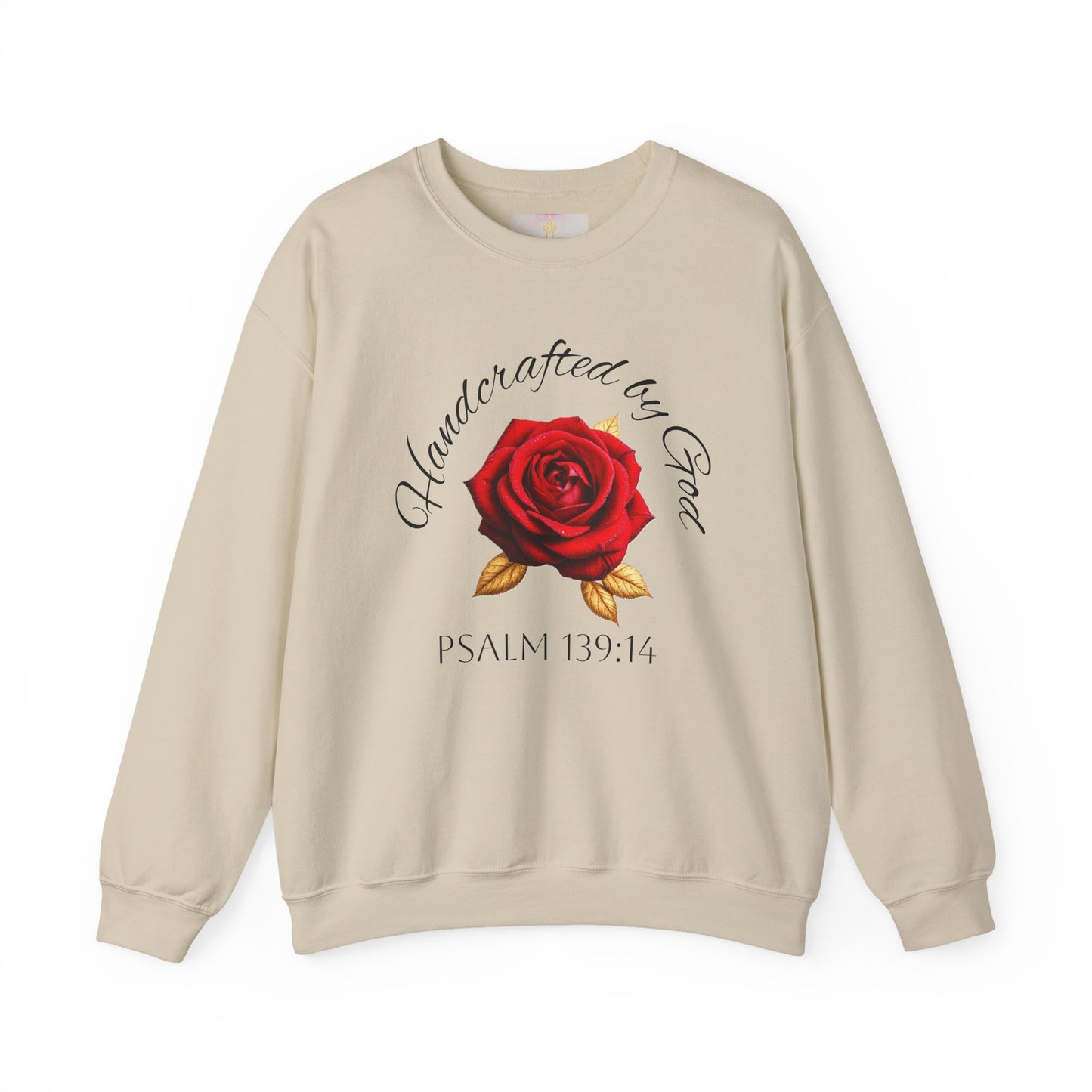 Handcrafted by God Rose Sweatshirt – Dark Lettering, Psalm 139:14